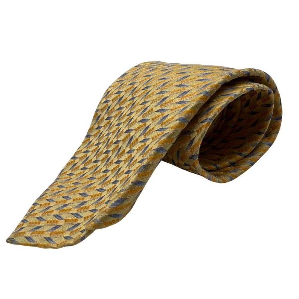 XMI Platinum Mens Silk Tie Yellow Blue Geometric Pattern Hand Made‎ In USA